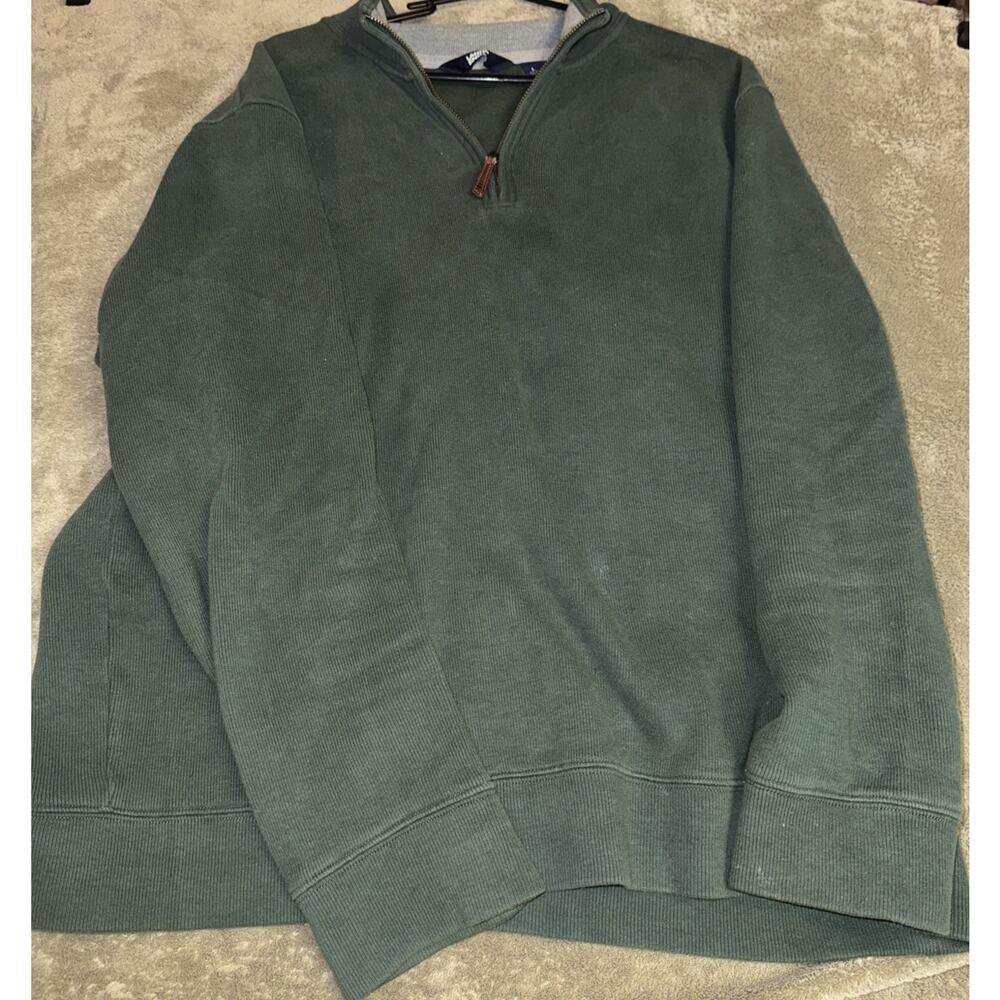 Lands End Mens Large L 1/4 Zip Mock Neck Pullover Sweater Green Bedford Rib Knit